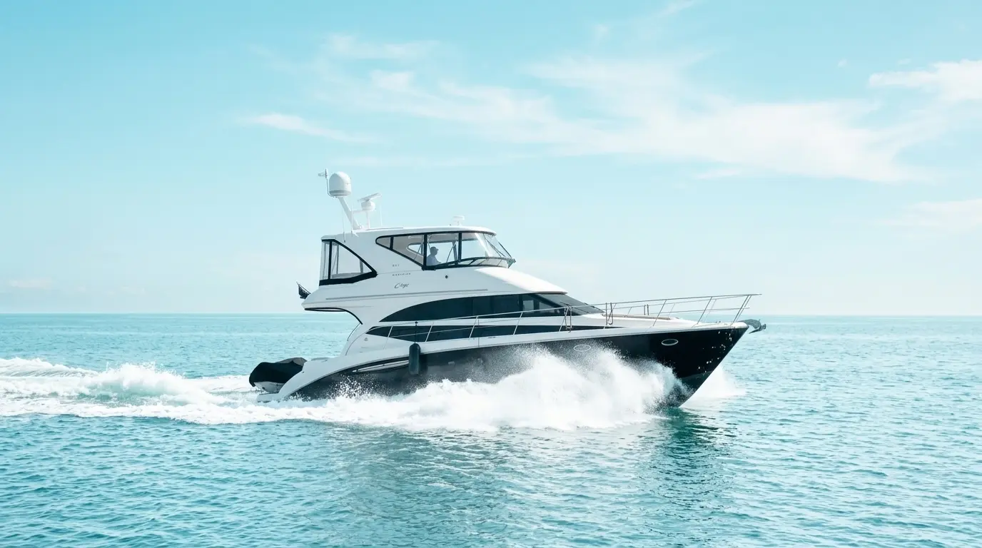 C Weed 47-foot Meridian 441 luxury yacht cruising Vancouver harbour at golden hour