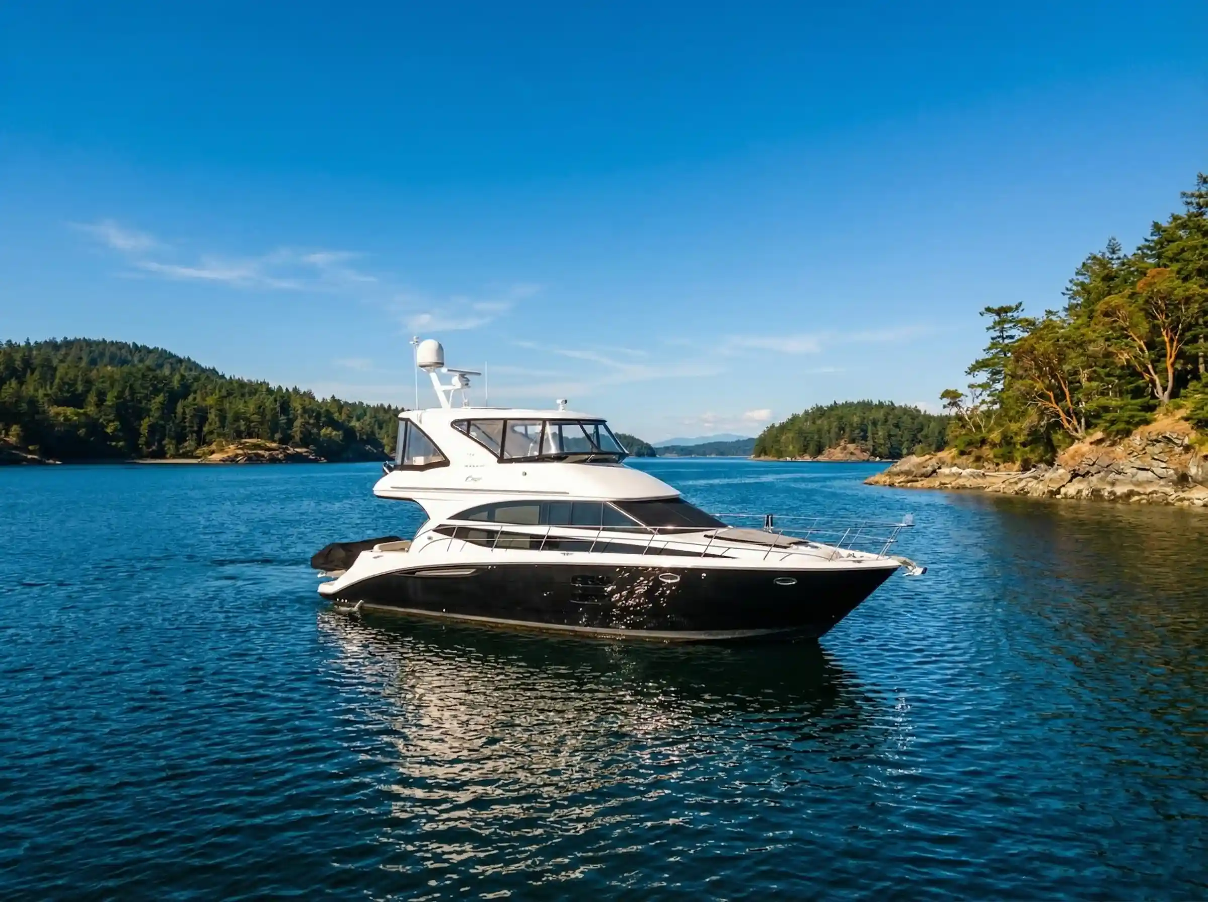 C Weed Meridian 441 luxury motor yacht exterior profile on calm Vancouver waters